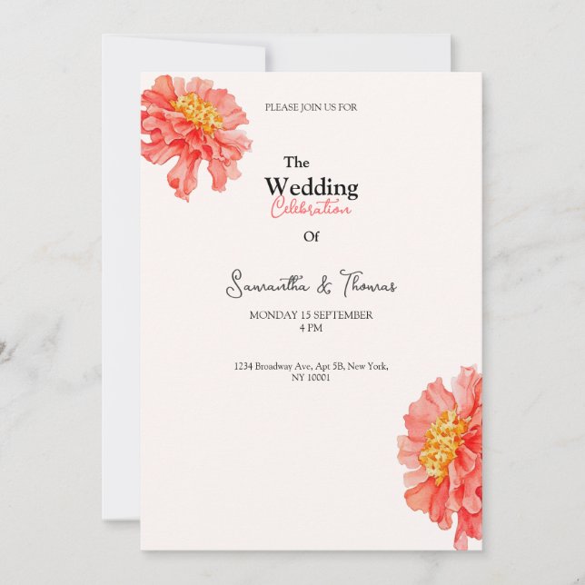 Invitation de mariage élégante aux roses Peach Blu (Devant)