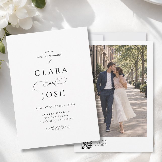 Invitation de mariage élégante avec code QR photo  (Elegant Script Ornament Photo QR Code Wedding Invitation)