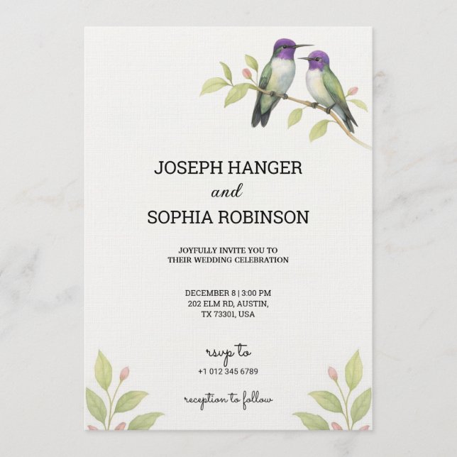 Invitation de mariage élégante avec deux oiseaux  (Devant)