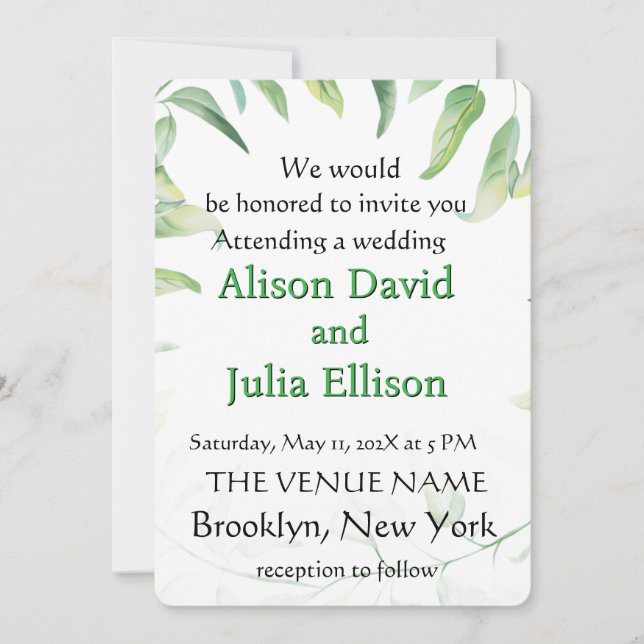Invitation de mariage élégante avec feuilles verte (Devant)