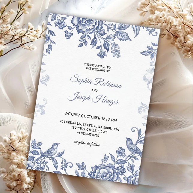 Invitation de mariage élégante avec fleurs bleues  (Créateur téléchargé)