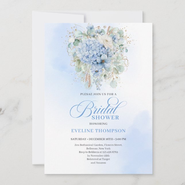 Invitation de mariage élégante avec hydrangeas ble (Devant)