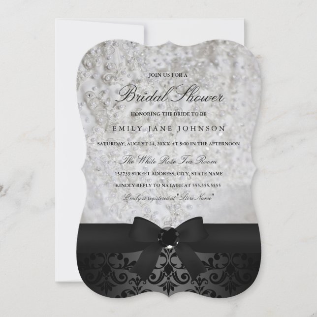 Invitation de mariage élégante avec nœud noir et b (Devant)