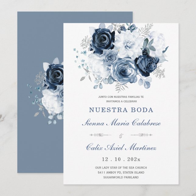 Invitation De Mariage Élégante Avec Roses Bleues (Devant / Derrière)