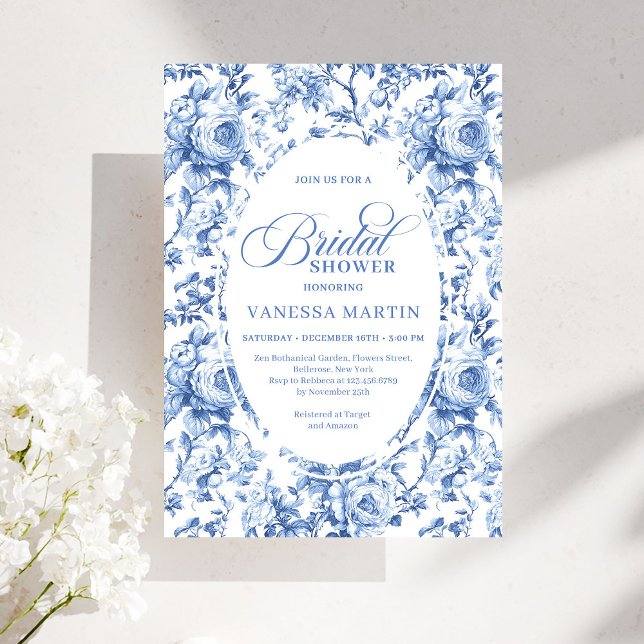 Invitation de mariage élégante avec toile de Jouy  (Sophisticated Navy Toile Rose Bridal Shower Invite)