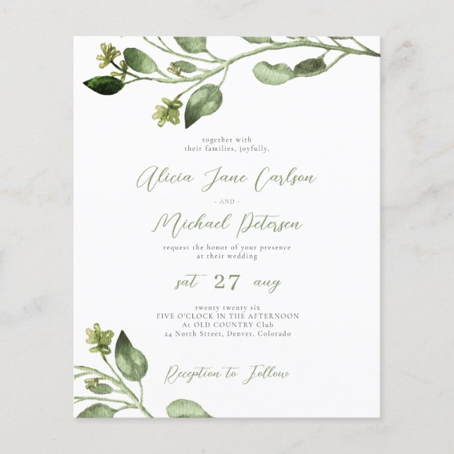 Invitation de mariage élégante avec verdure sur bu (Devant)