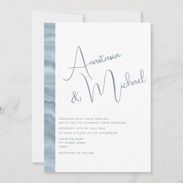 Invitation de mariage élégante bleu poussiéreux mi (Devant)