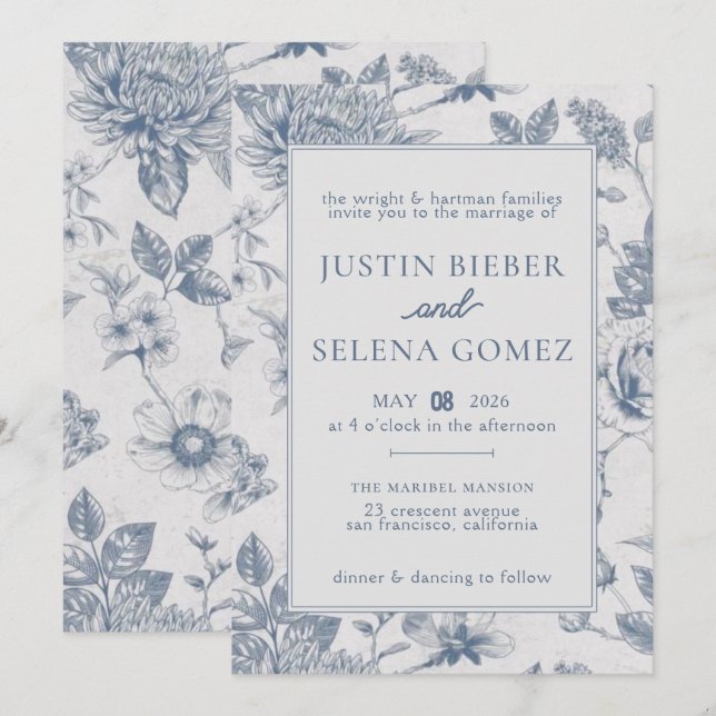 Invitation de mariage élégante bleue florale (Devant / Derrière)
