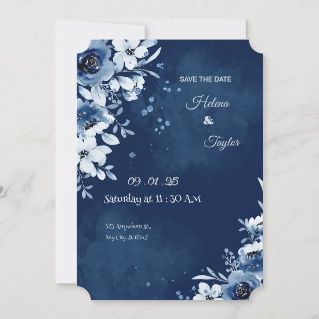 Invitation de mariage élégante bleue pour annoncer (Devant)