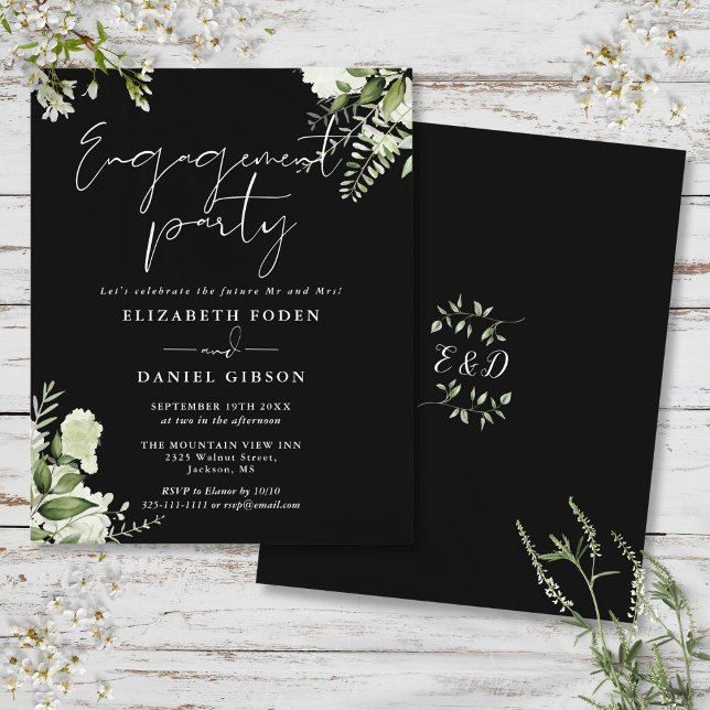 Invitation de mariage élégante Budget Fleurs Noir  (Budget Floral Black White Engagement Party Invite)