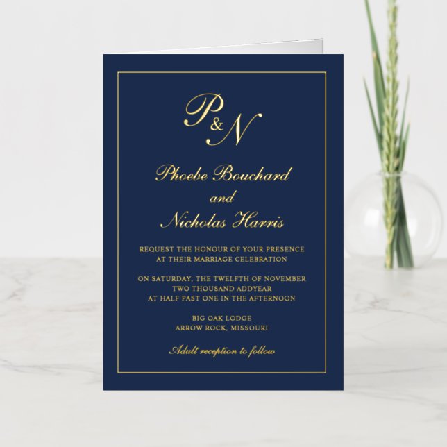 Invitation de mariage élégante classique bleu mari (Recto)