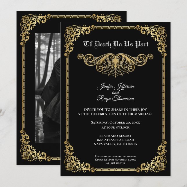 Invitation de mariage élégante dorée gothique Hall (Devant / Derrière)