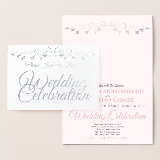 Invitation de mariage élégante en argent rose et g (Affichage)