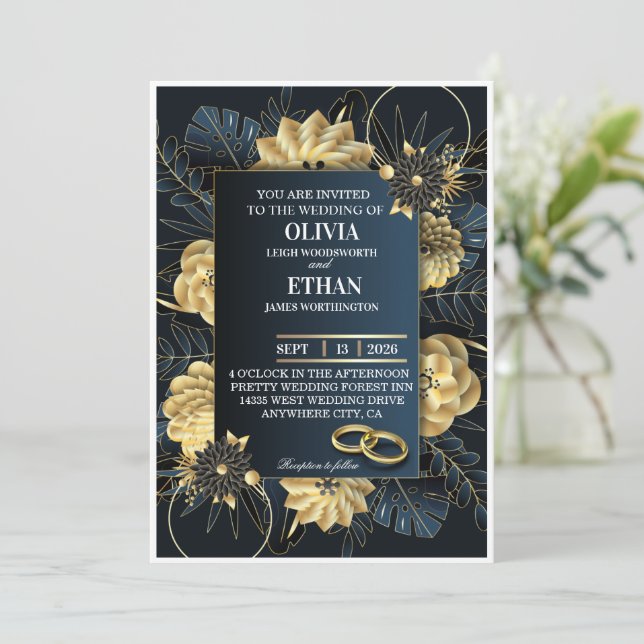 Invitation de mariage élégante en noir et or foncé (Debout devant)