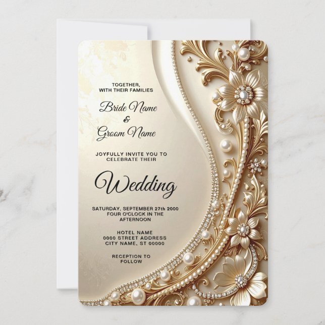 Invitation de mariage élégante en or avec motifs f (Devant)