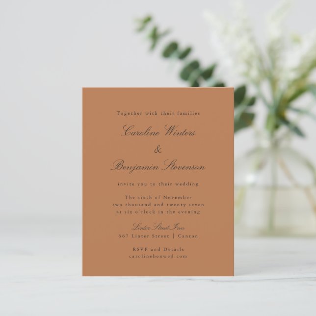 Invitation de mariage élégante en terre cuite à pe (Debout devant)