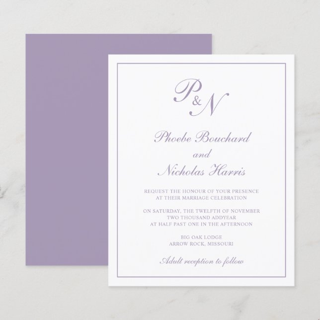 Invitation de mariage élégante et classique violet (Devant / Derrière)
