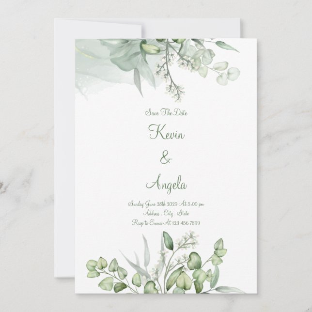 Invitation de mariage élégante et florale verte po (Devant)