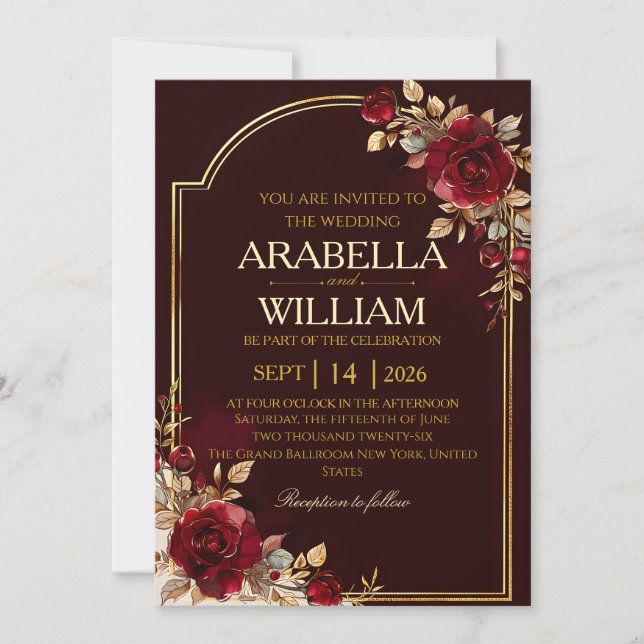 Invitation de mariage élégante et luxueuse bordeau (Devant)