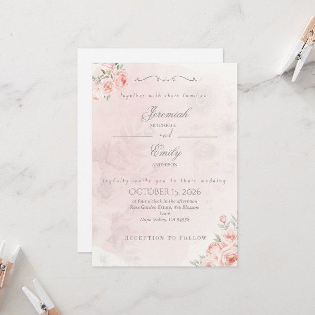 Invitation de mariage élégante et mignonne rose po (Devant/Arrière en situation)