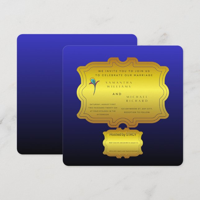 Invitation de mariage élégante et royale bleue mod (Devant / Derrière)