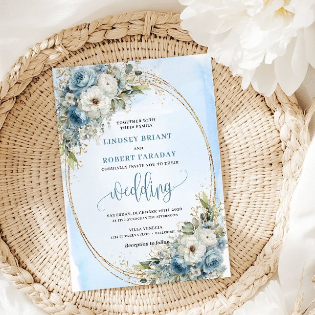 Invitation de mariage élégante fleurs bleu poussié (Elegant Dusty Blue Flowers Gold Wedding Invite)