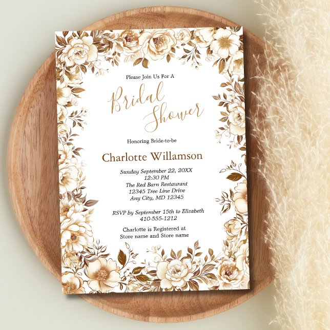 Invitation de mariage élégante florale blanche et  (Gold White Beige Brown Floral Boho Bridal Shower Invitation)