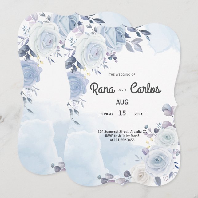 Invitation de mariage élégante florale bleu marine (Devant / Derrière)