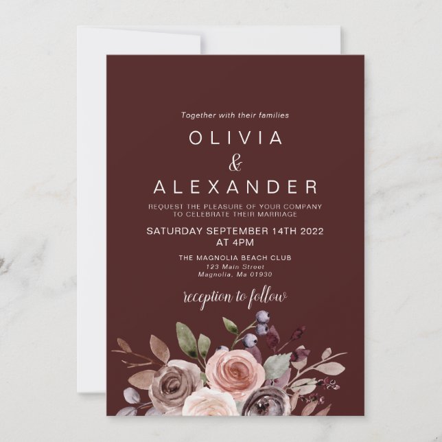 Invitation de mariage élégante florale bordeaux (Devant)
