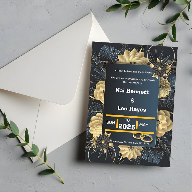 Invitation de mariage élégante florale dorée pour  (Elegant Gold Floral Navy Holiday Wedding Invite)