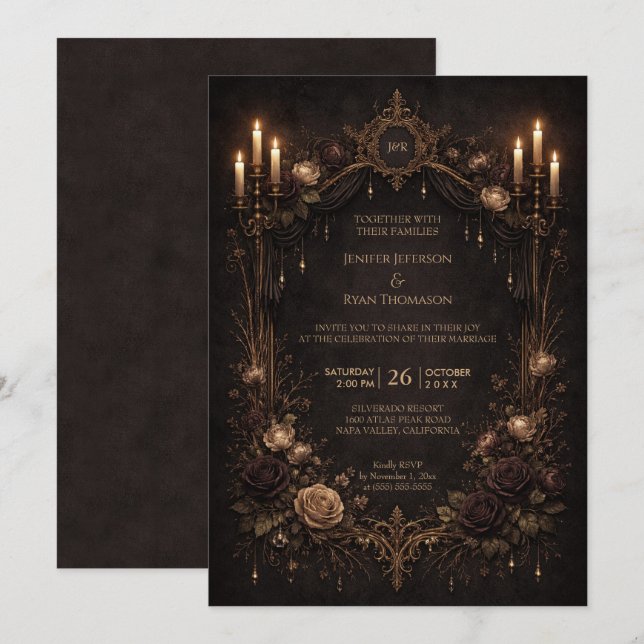 Invitation de mariage élégante florale gothique Ha (Devant / Derrière)