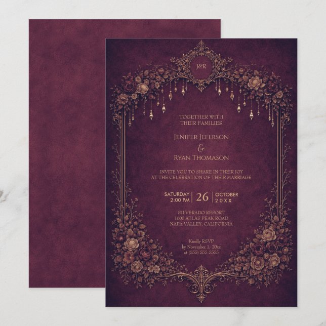 Invitation de mariage élégante florale gothique Ha (Devant / Derrière)