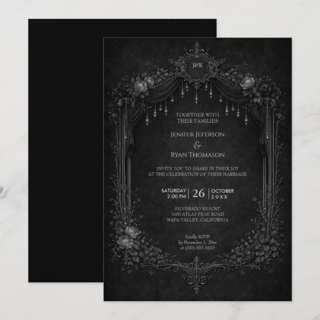 Invitation de mariage élégante florale gothique Ha (Devant / Derrière)