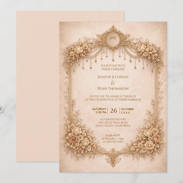 Invitation de mariage élégante florale gothique Ha (Devant / Derrière)