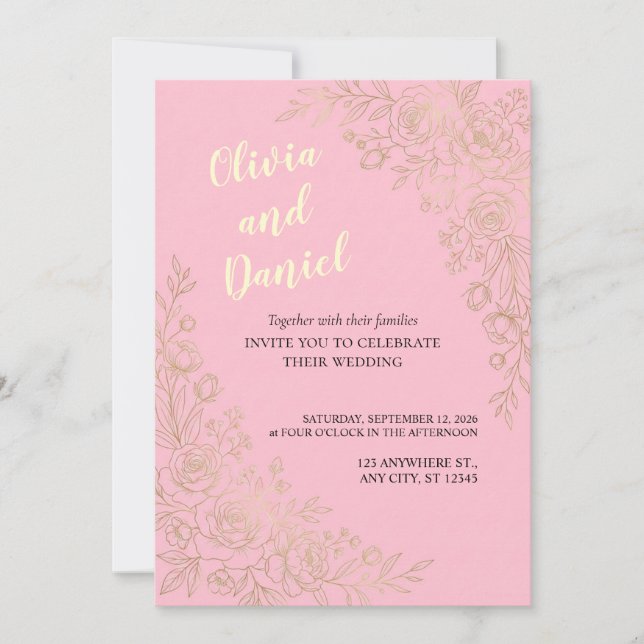 Invitation de mariage élégante florale or rose (Devant)