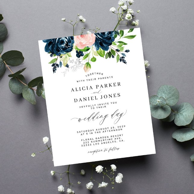 Invitation de mariage élégante florale rose marine (Créateur téléchargé)