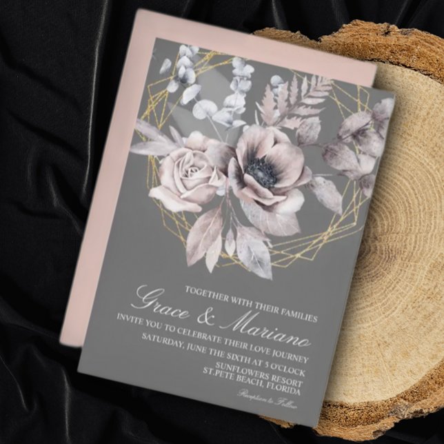 Invitation de mariage élégante grise et rose flora (Créateur téléchargé)