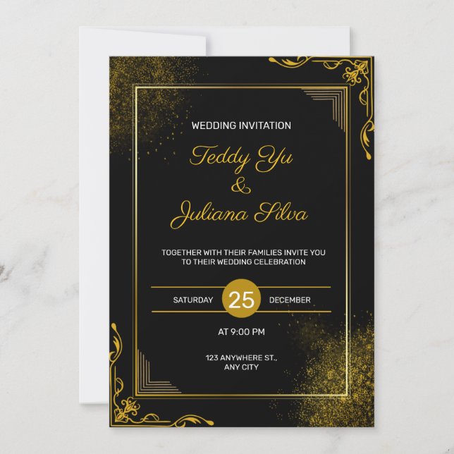 Invitation de mariage élégante moderne Or Noir (Devant)