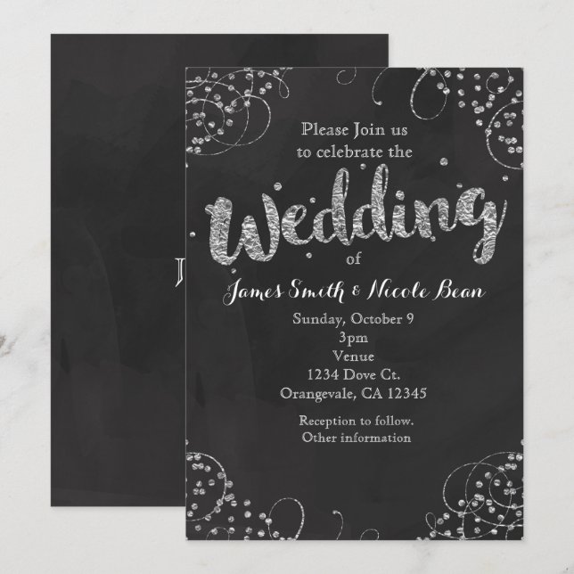 Invitation de mariage élégante noir et argent (Devant / Derrière)