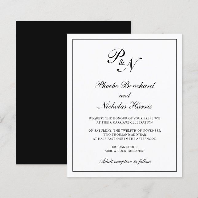 Invitation de mariage élégante noir et blanc à bud (Devant / Derrière)