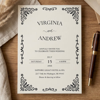Invitation de mariage élégante noir et blanc vinta