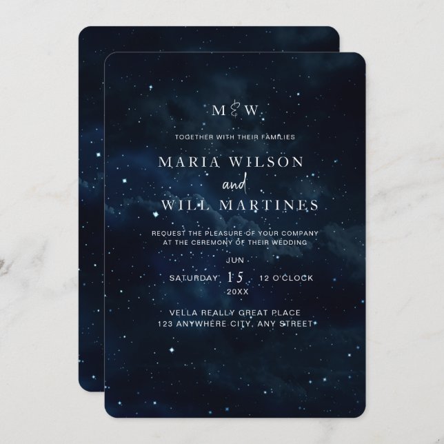 Invitation de mariage élégante nuit étoilée Modern (Devant / Derrière)
