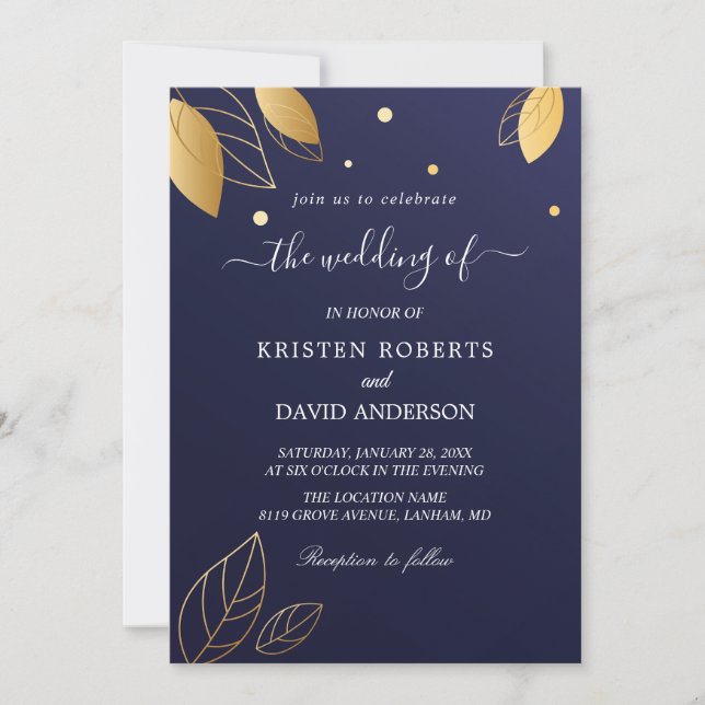 Invitation de mariage élégante or et bleu roi (Devant)