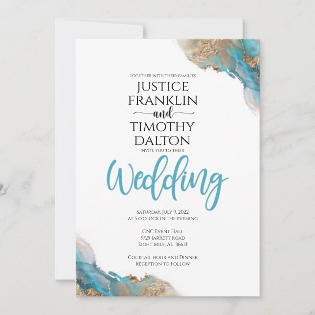Invitation de mariage élégante or et turquoise (Devant)