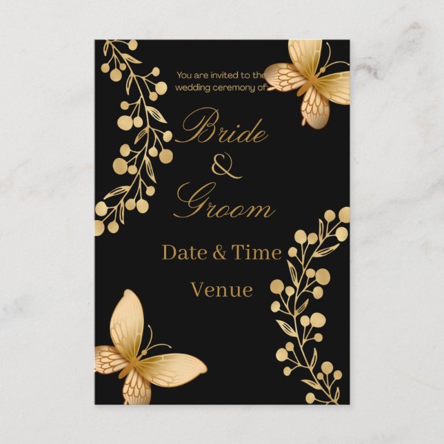 Invitation de mariage élégante papillon noir et or (Devant)