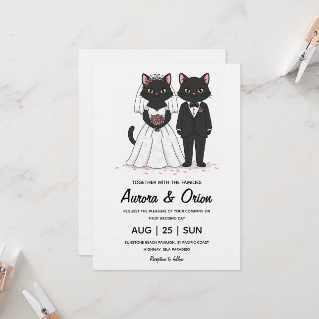 Invitation de mariage élégante pour chat noir (Devant/Arrière en situation)