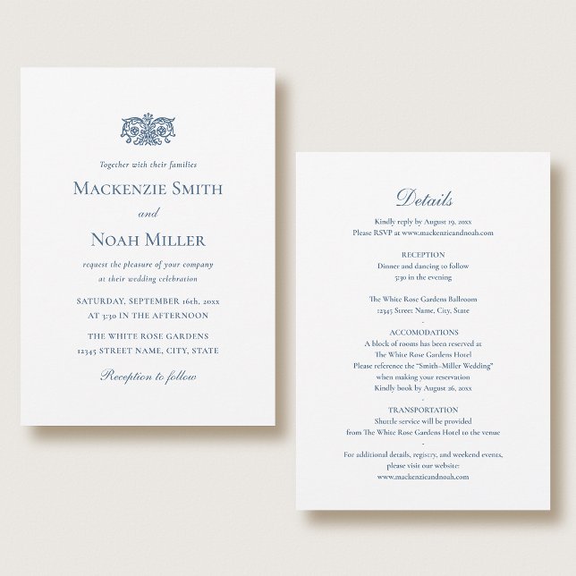 Invitation de mariage élégante recto-verso Bleu (Créateur téléchargé)
