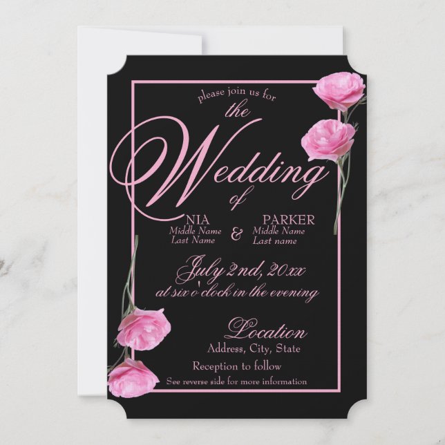 Invitation de mariage élégante - rose et noir flor (Devant)