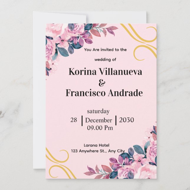 Invitation de mariage élégante rose et violette (Devant)
