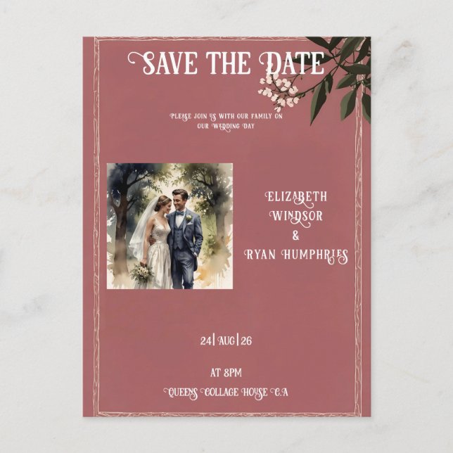 Invitation de mariage élégante rose Photo (Devant)